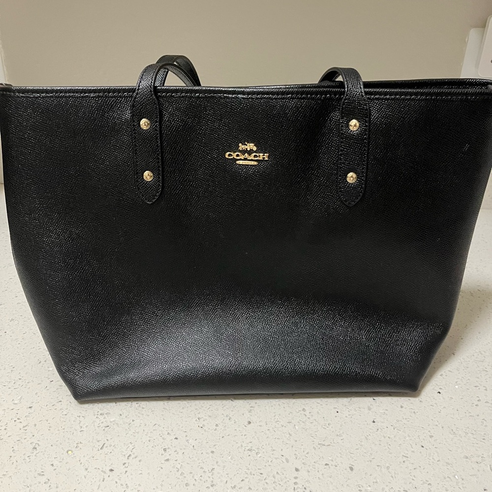 Authentic Coach Black Leather Tote with Gold Accents
